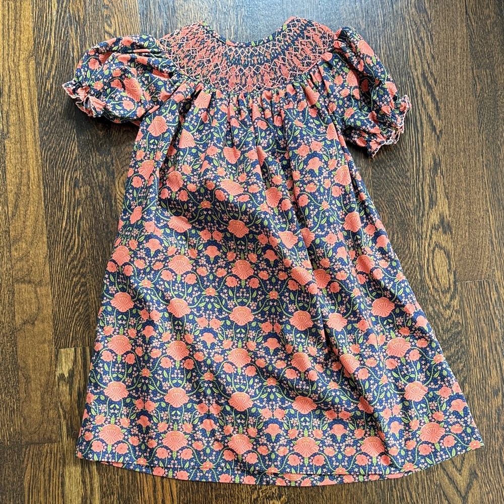 Smocked Navy and Coral Floral Girls' Casual Dress